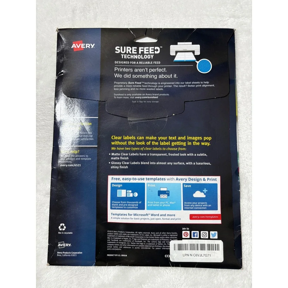 Avery 6521 Glossy Clear Address Labels 1 x 2-5/8 Inch 300 Labels Laser Inkjet